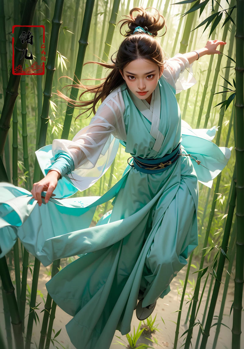 606247209521969091-990149166-To shoot from above.  ，art by Zao Wou-ki，extreme close - up, focus on face, A woman in cyan Hanfu, wearing a white transparent v.jpg